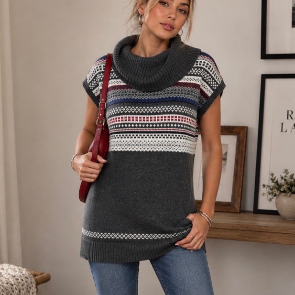 Tommy Hilfiger Nordic Fair Isle Tunic Sweater L Cowl Neck Short Sleeve Logo Boho